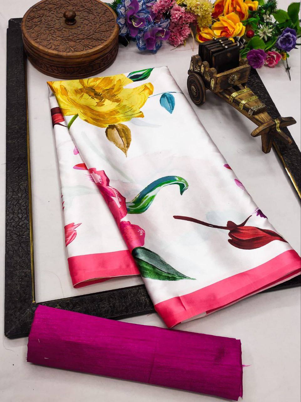 Beige Multicolor Floral Printed Saree with Red Blouse Premium Designer Party Wear Saree for Women