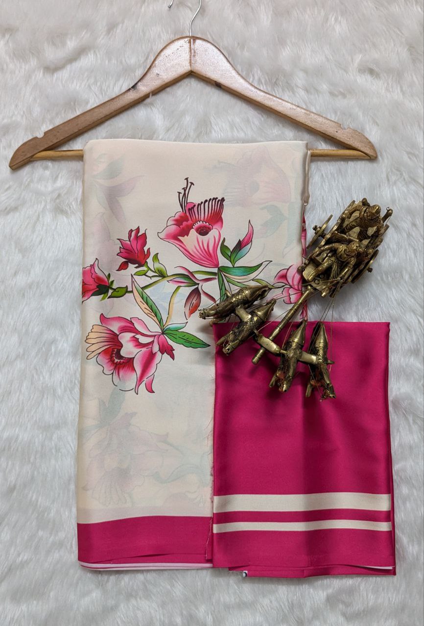 Cream Floral Printed Saree with Pink Blouse Elegant Designer Saree