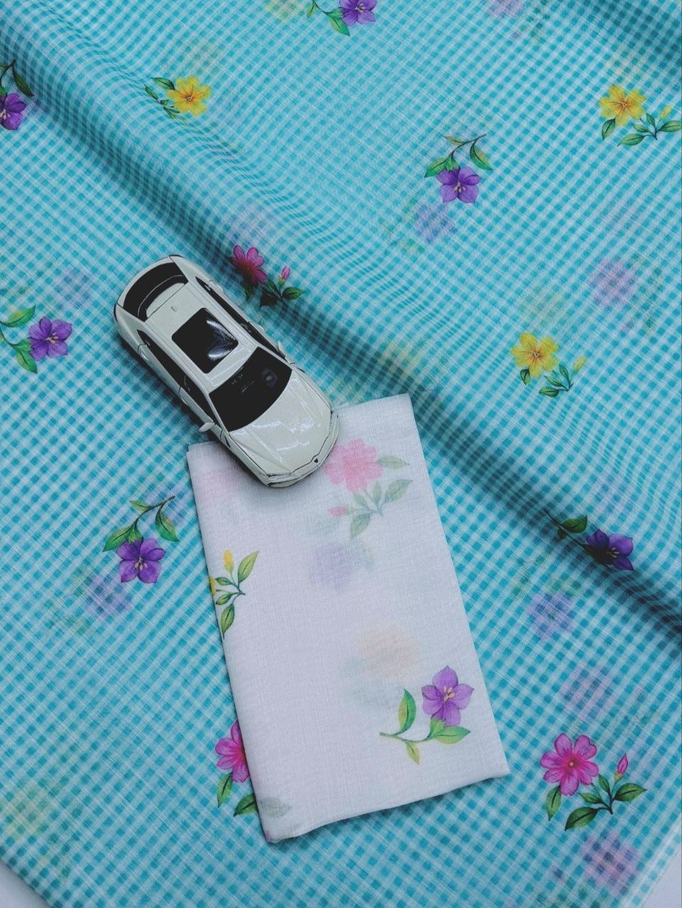 Light Blue Gingham Linen Saree with Floral Prints