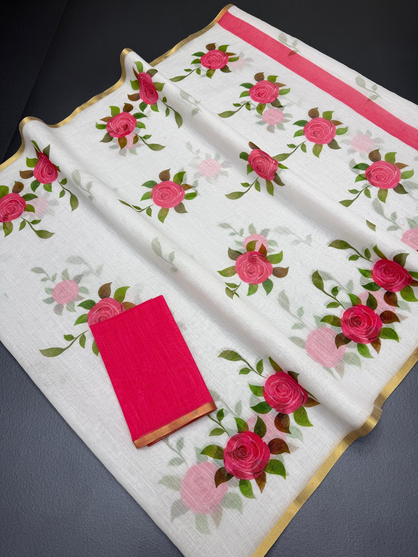 White Linen Saree with Pink Rose Print