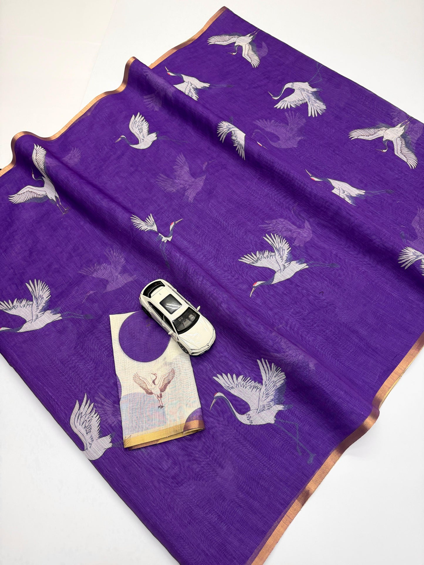 Deep Purple Linen Saree with White Crane Print