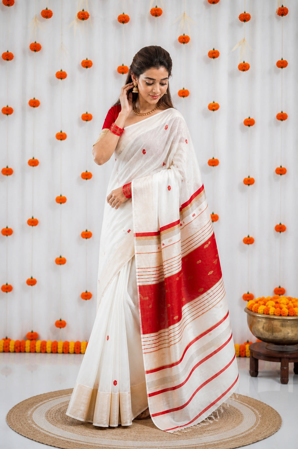 White and Red Linen Saree with Gold Zari Border