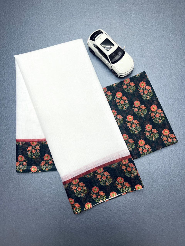 Off White Linen Saree with Black Floral Printed Blouse & Border