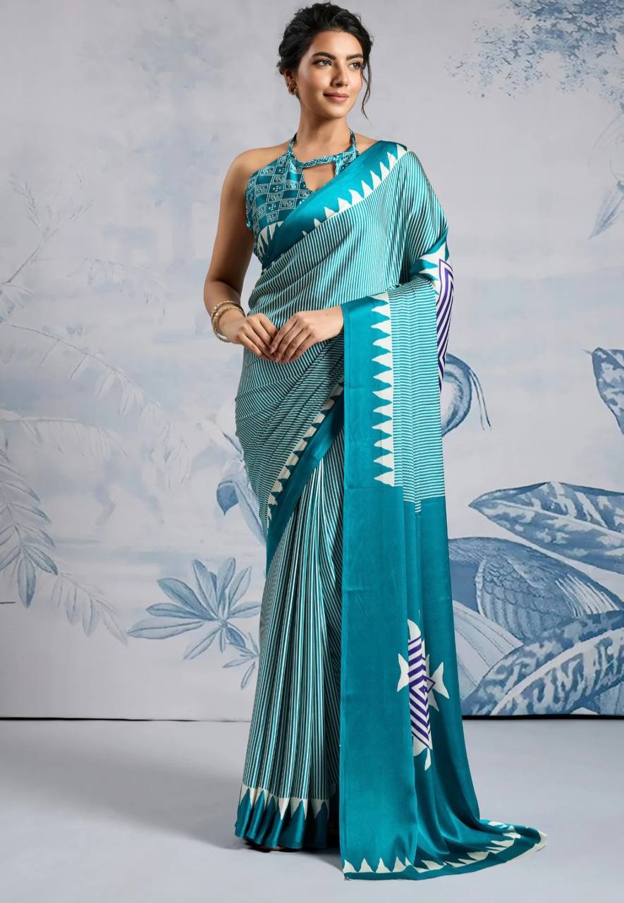 Stylish Teal Geometric Printed Saree with Striped Design & Designer Border – Modern Party & Casual Wear Saree