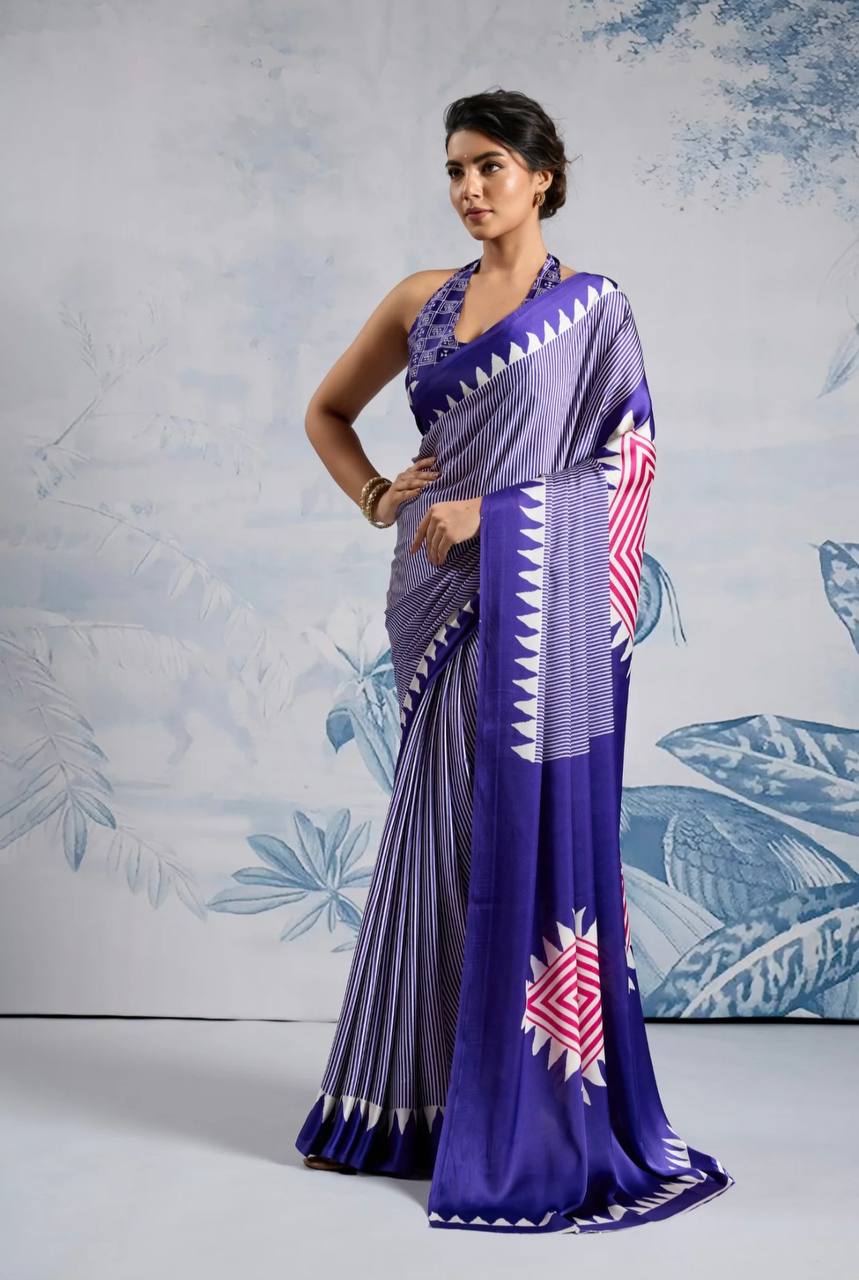 Elegant Purple Geometric Printed Saree with Striped Pattern & Designer Border – Stylish Party & Office Wear Saree