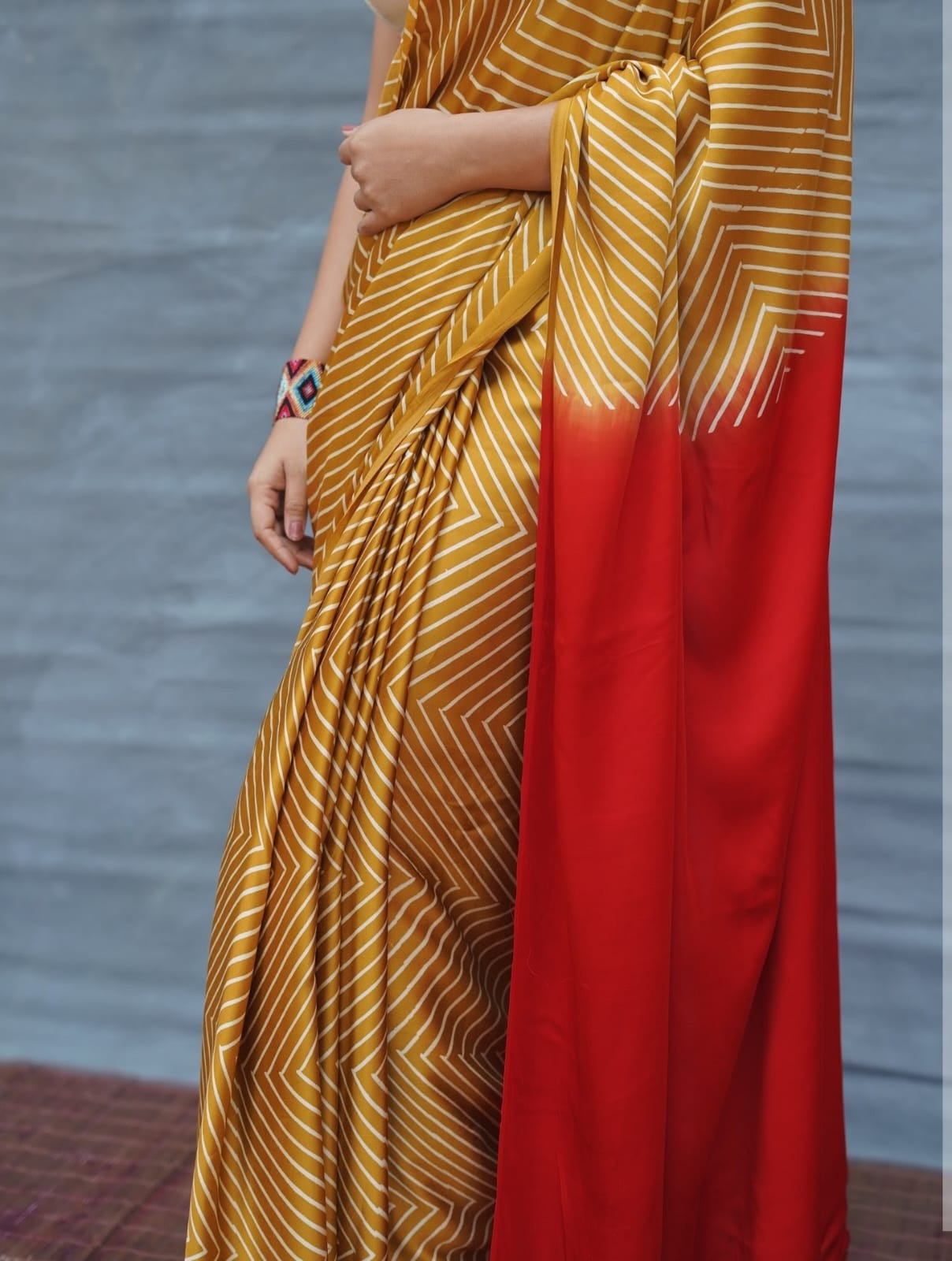 Mustard & Red Ombre Designer Saree with Geometric Stripes – Elegant Party & Festive Wear Saree for Women
