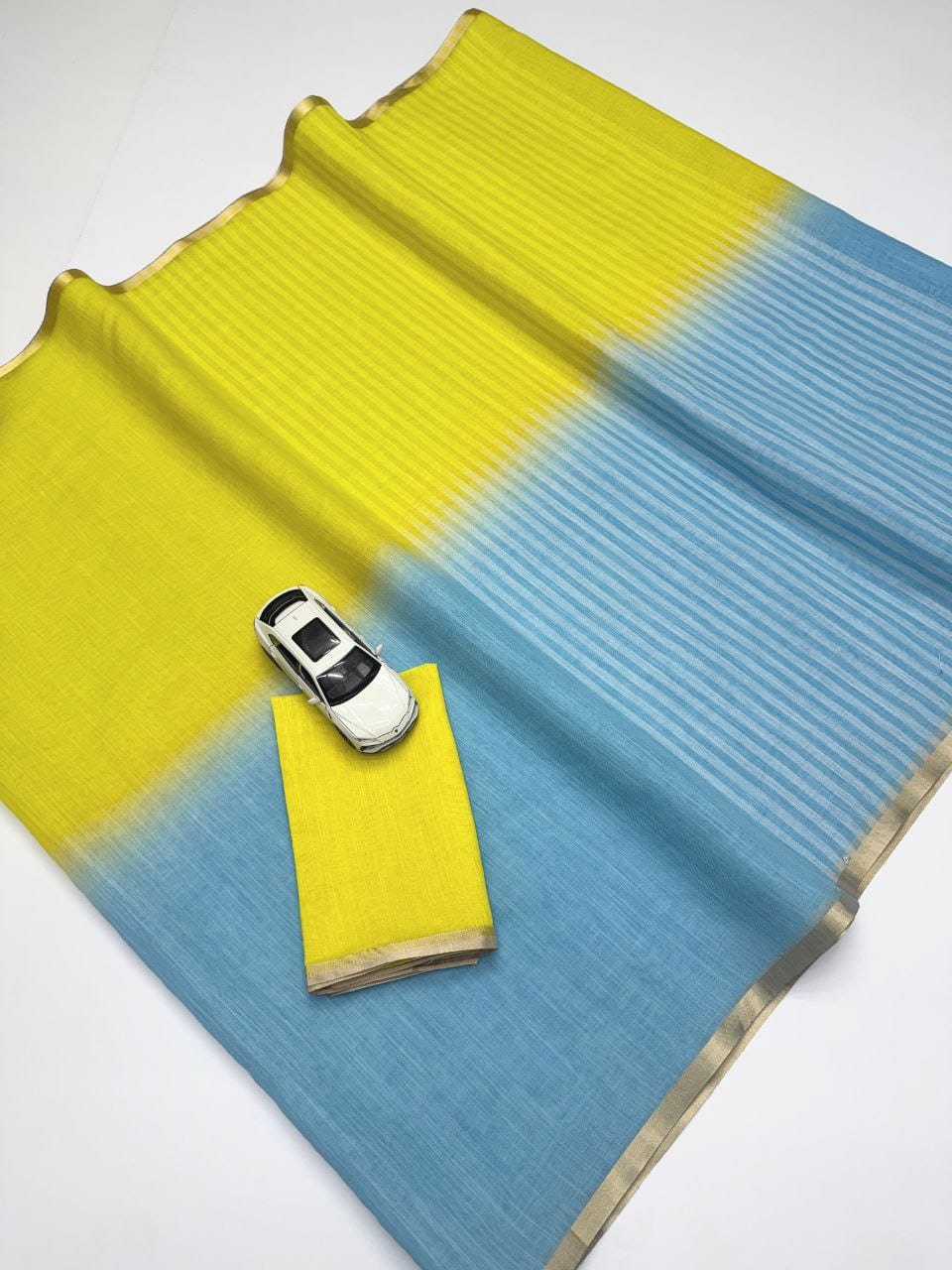 Lime Yellow & Sky Blue Linen Saree with Dual Tone Contrast