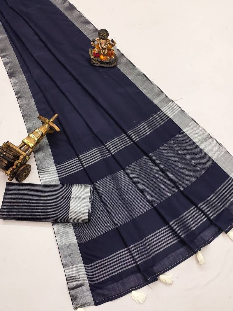 Navy Blue Silk Cotton Saree with Silver Border | Elegant Traditional Saree for Women