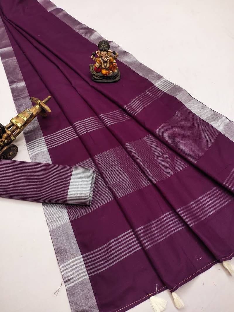 Wine Linen Saree with Silver Border Elegant Premium Party Wear Saree for Women