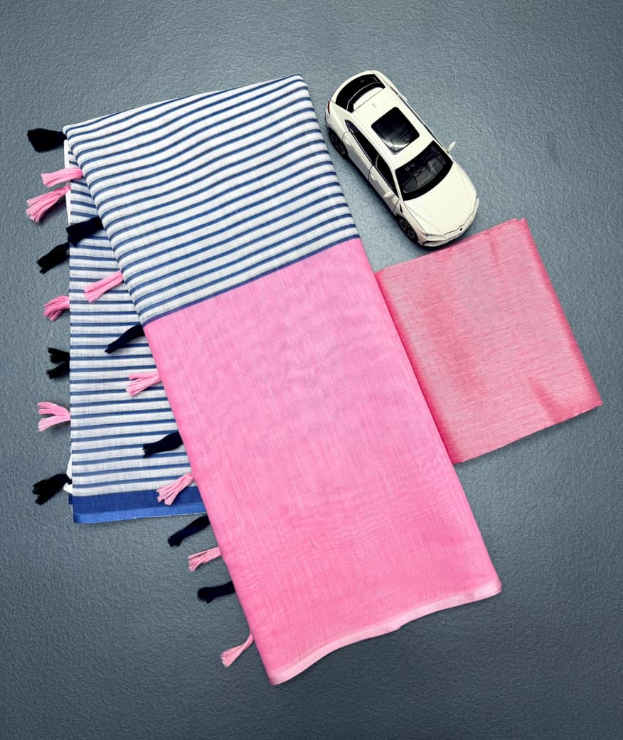 Blush Pink & Slate Grey Linen Saree with Striped Pallu