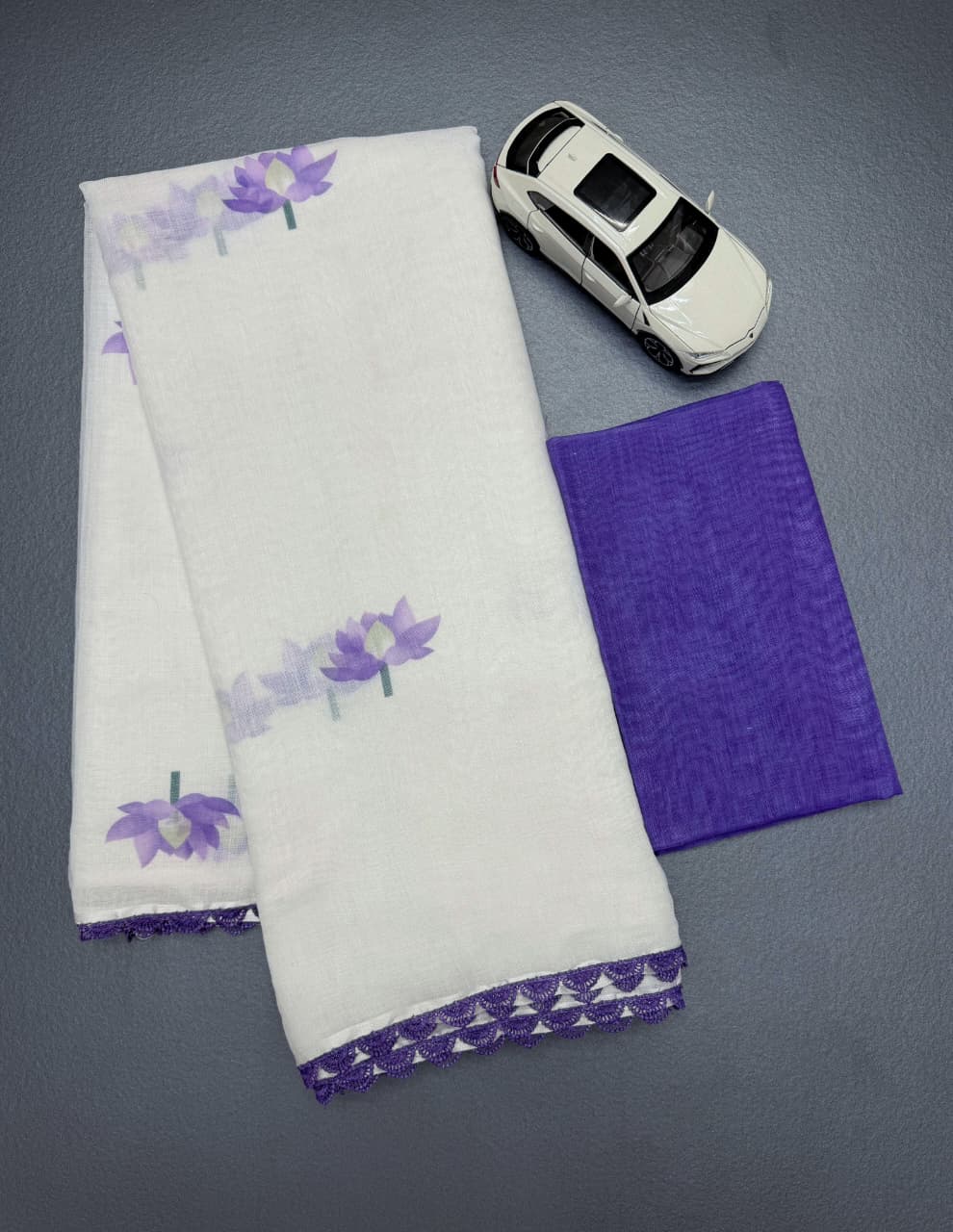 Ivory White & Royal Purple Linen Saree with Lotus Design