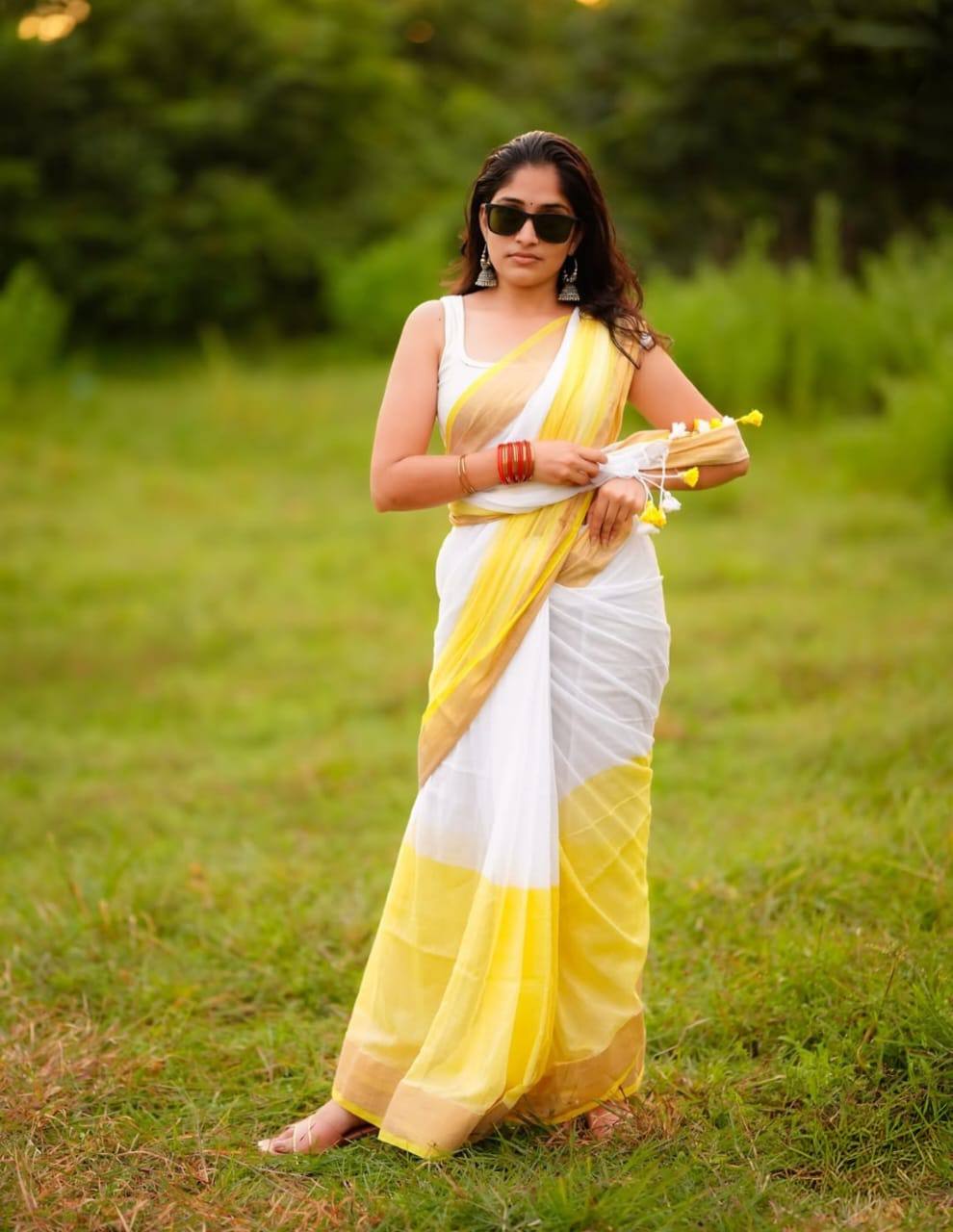 Premium Lime Yellow Linen Saree with Golden Border | Elegant Designer Saree