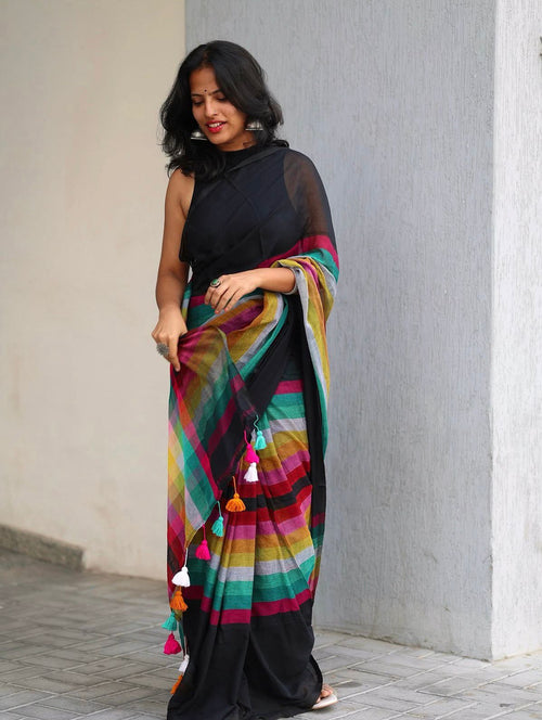 Black Linen Saree with Multicolor Striped Pallu
