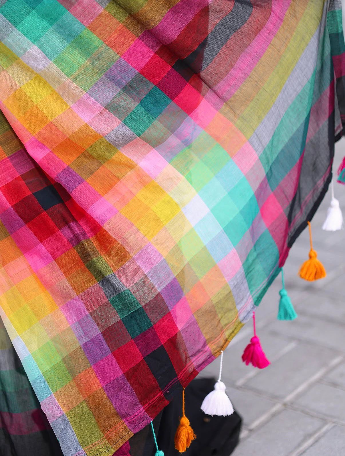 Black Linen Saree with Multicolor Striped Pallu