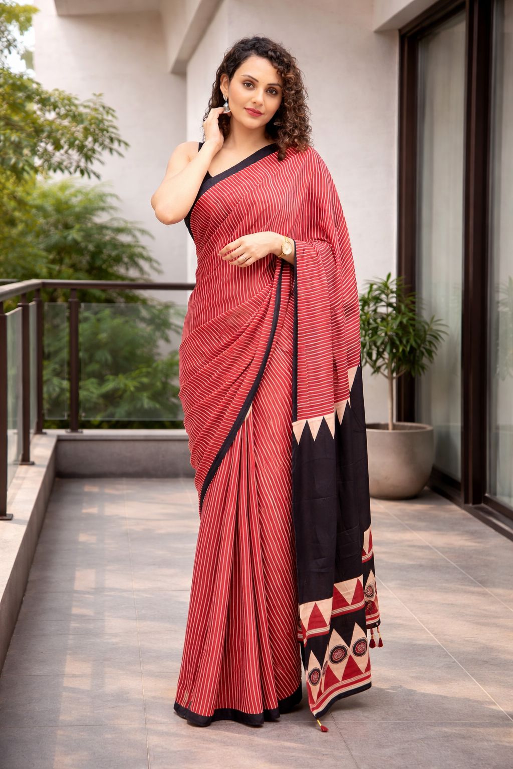 Elegant Red Striped Cotton Saree with Black Designer Border & Printed Pallu – Stylish Casual & Office Wear Saree