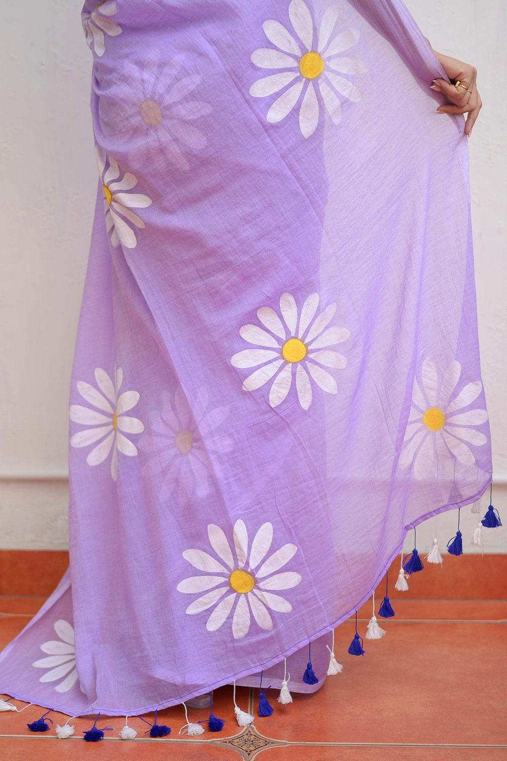 Lavender Floral Print Linen Cotton Saree