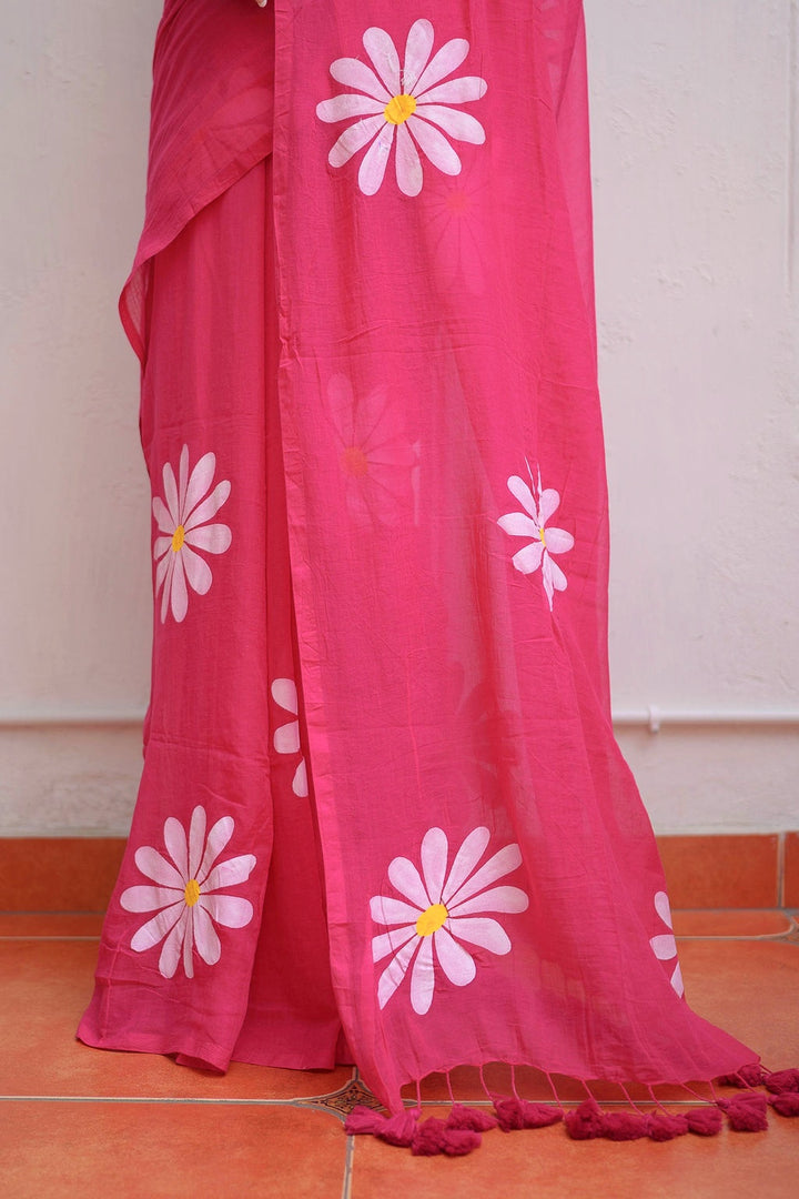 Hot Pink Floral Print Linen Cotton Saree