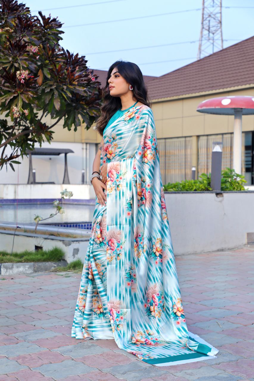 Pastel Blue Floral Printed Saree  Soft Elegant Designer Saree for Party, Festive & Casual Wear
