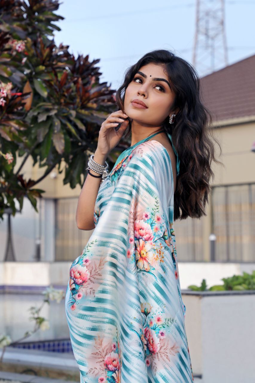 Pastel Blue Floral Printed Saree  Soft Elegant Designer Saree for Party, Festive & Casual Wear