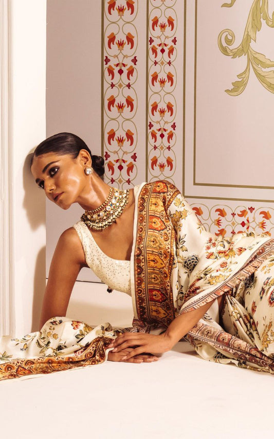 Royal Ivory Floral Satin Saree with Heritage Border – Luxury Designer Wedding & Festive Wear Saree for Women