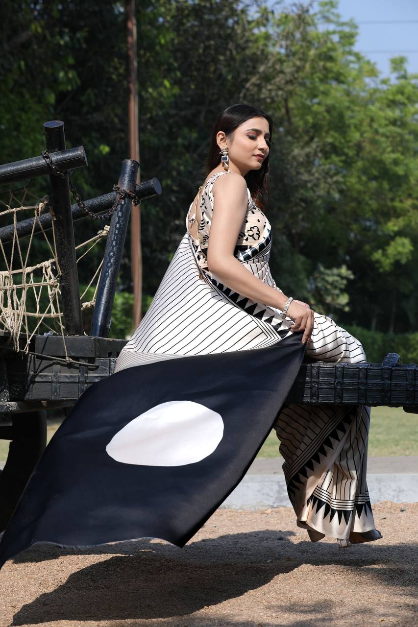 Monochrome Black & White Satin Designer Saree – Modern Geometric Party Wear Saree for Women