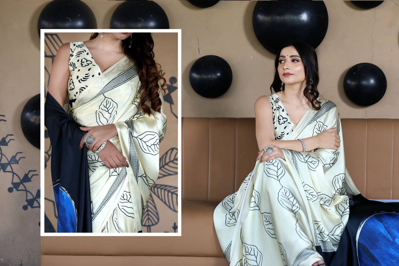 Off-White Printed Saree with Black & Blue Contrast Pallu – Elegant Minimal Designer Saree for Office & Casual Wear