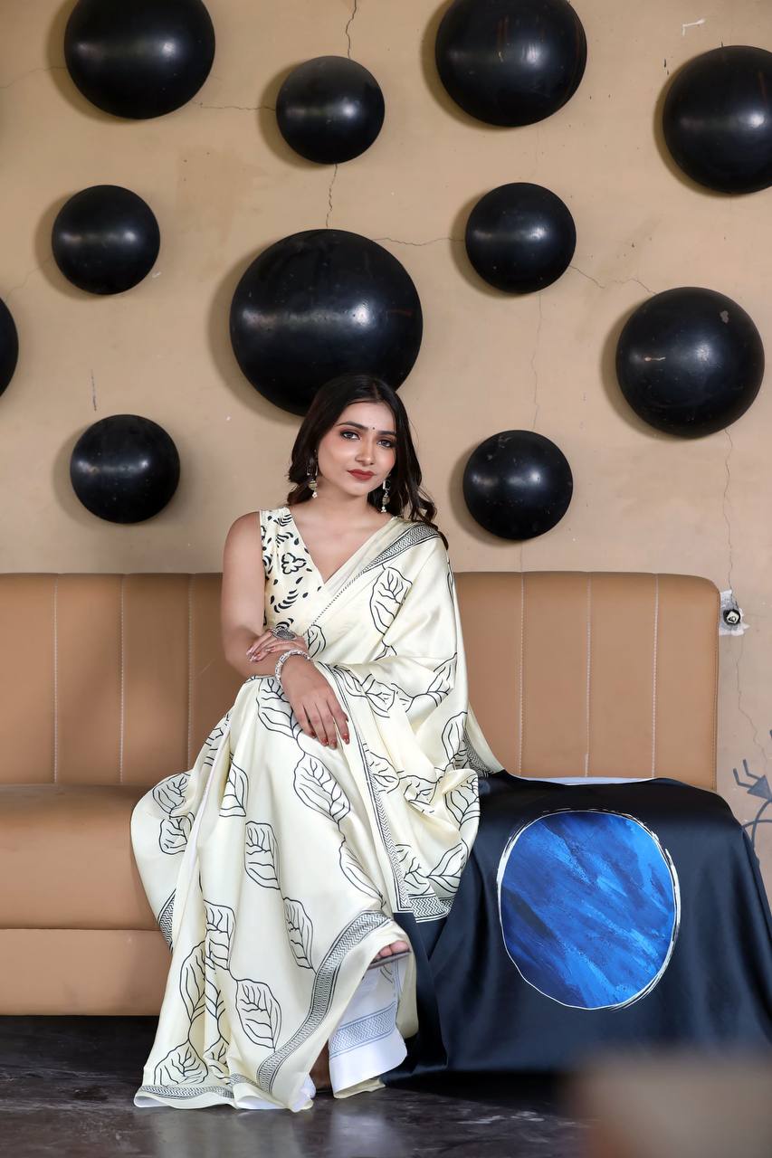 Off-White Printed Saree with Black & Blue Contrast Pallu – Elegant Minimal Designer Saree for Office & Casual Wear