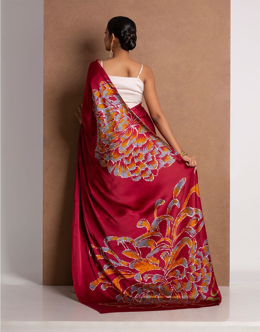Crimson Red Satin Abstract Floral Designer Saree – Elegant Party & Festive Wear Saree for Women
