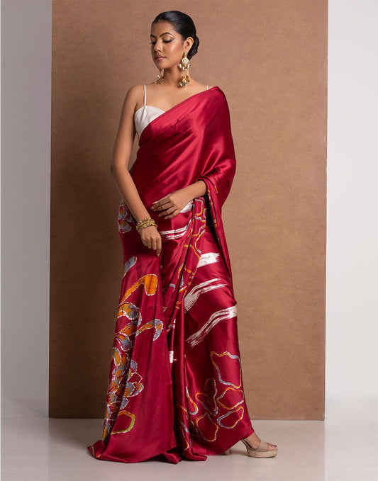 Crimson Red Satin Abstract Floral Designer Saree – Elegant Party & Festive Wear Saree for Women