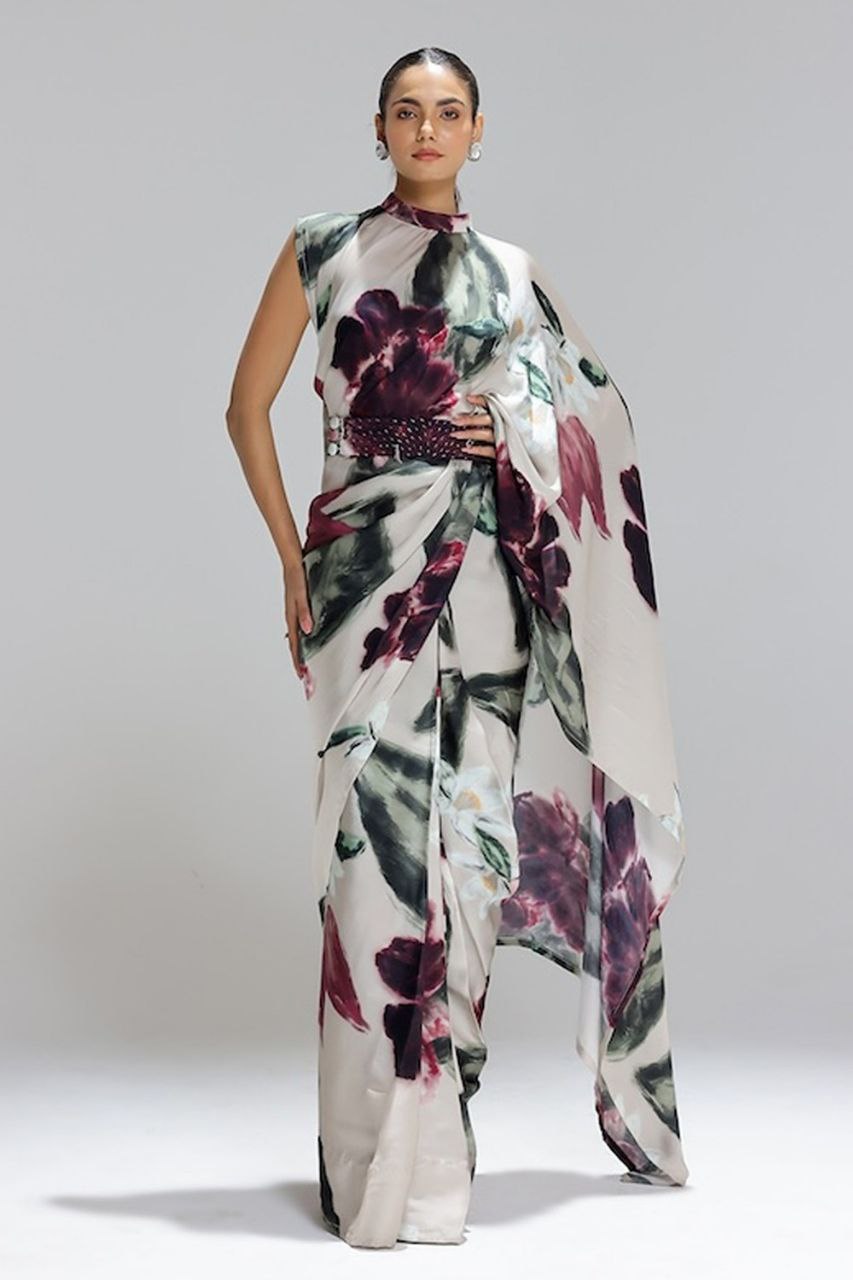 Ivory Satin Abstract Floral Designer Saree – Luxury Contemporary Party & Evening Wear Saree for Women