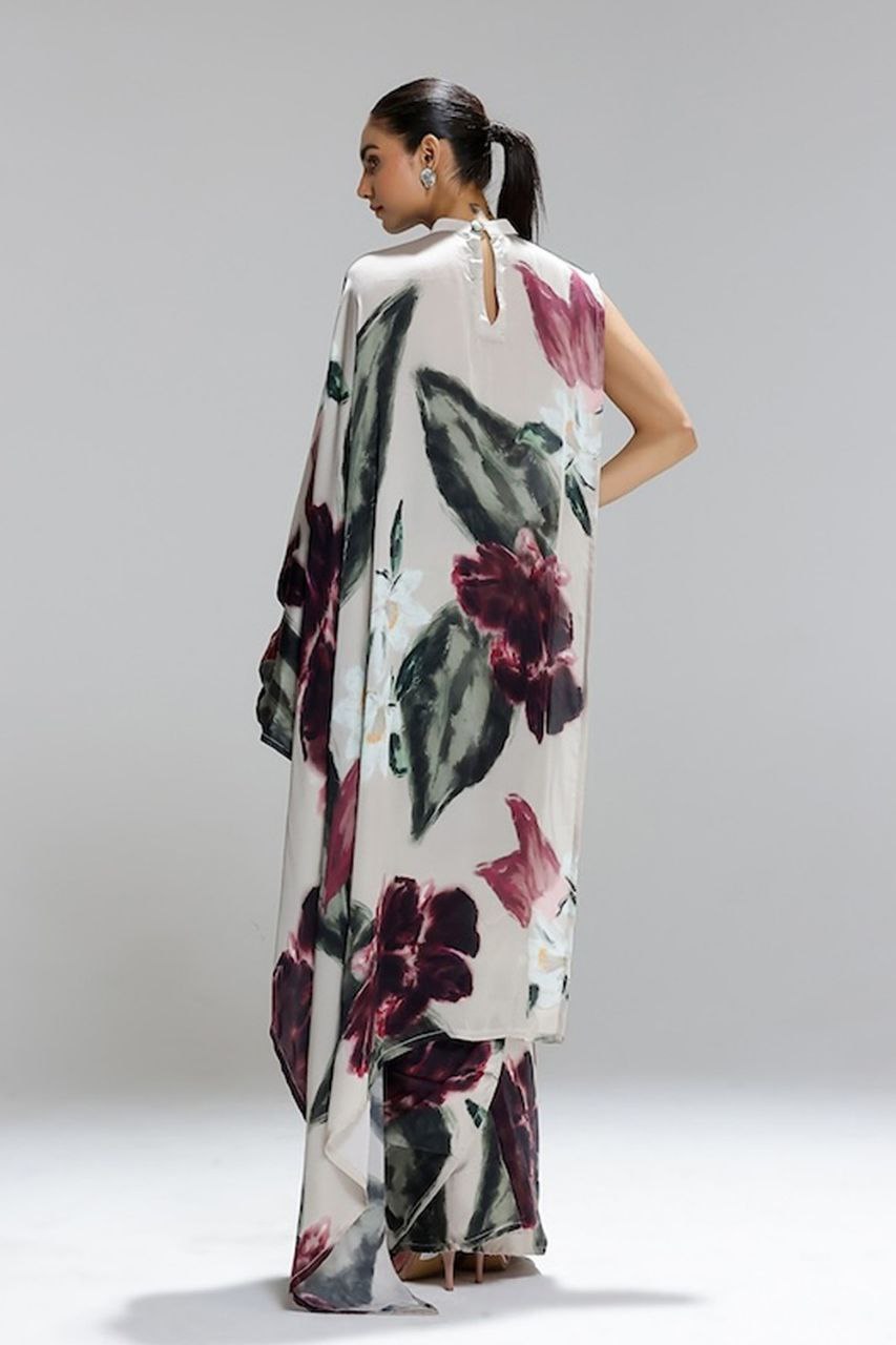 Ivory Satin Abstract Floral Designer Saree – Luxury Contemporary Party & Evening Wear Saree for Women