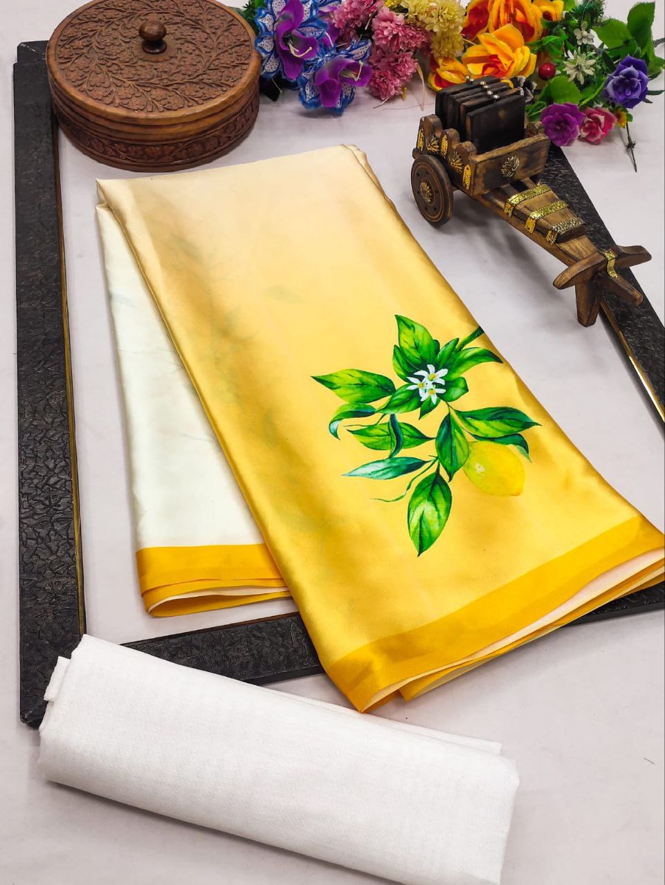 Soft Yellow Floral Printed Satin Saree  Elegant Lightweight Summer Wear Saree for Women