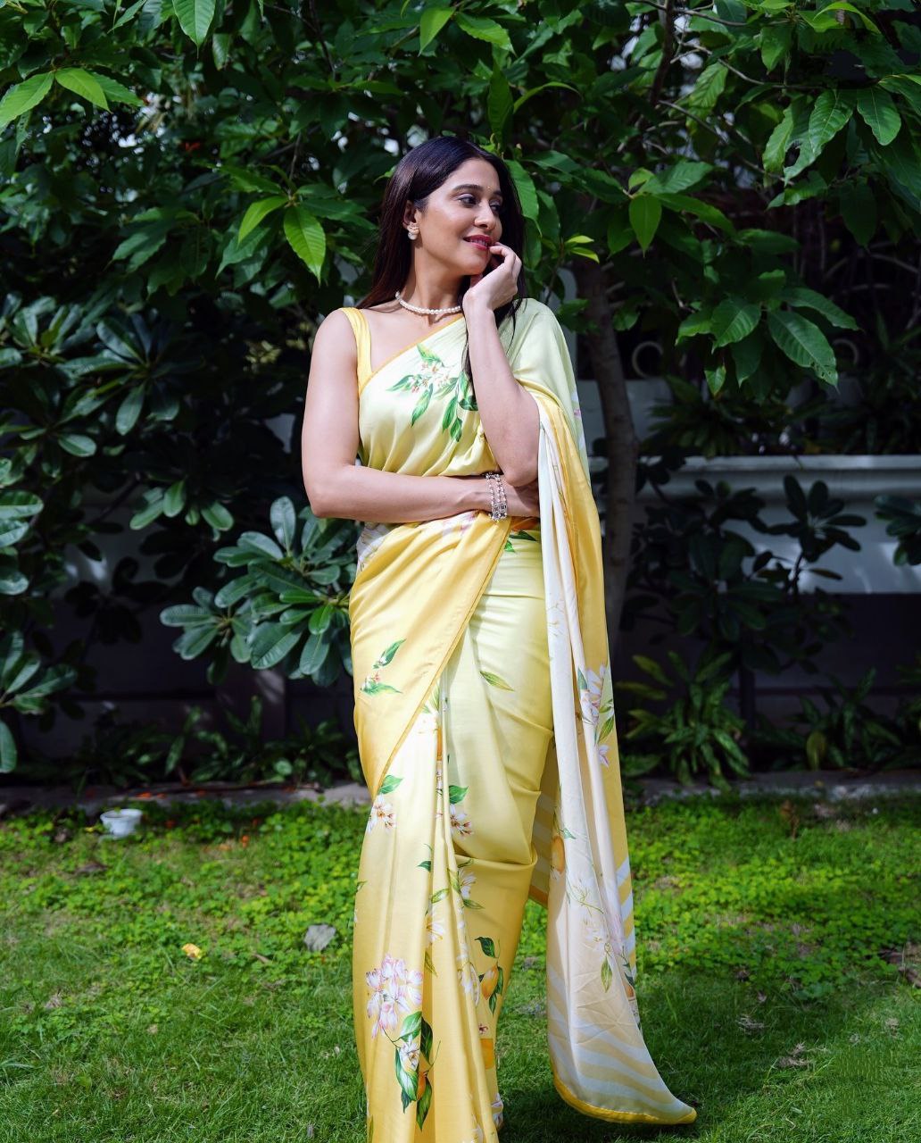 Soft Yellow Floral Printed Satin Saree  Elegant Lightweight Summer Wear Saree for Women
