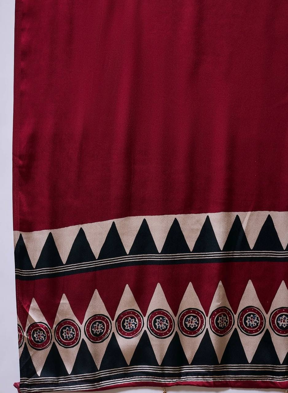 Maroon Black Printed Ajrakh Modal Silk Saree with Designer Border