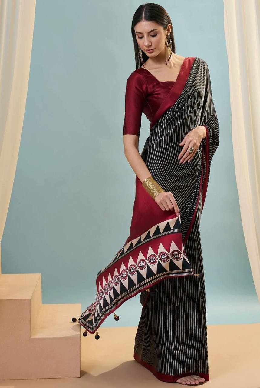 Maroon Black Printed Ajrakh Modal Silk Saree with Designer Border