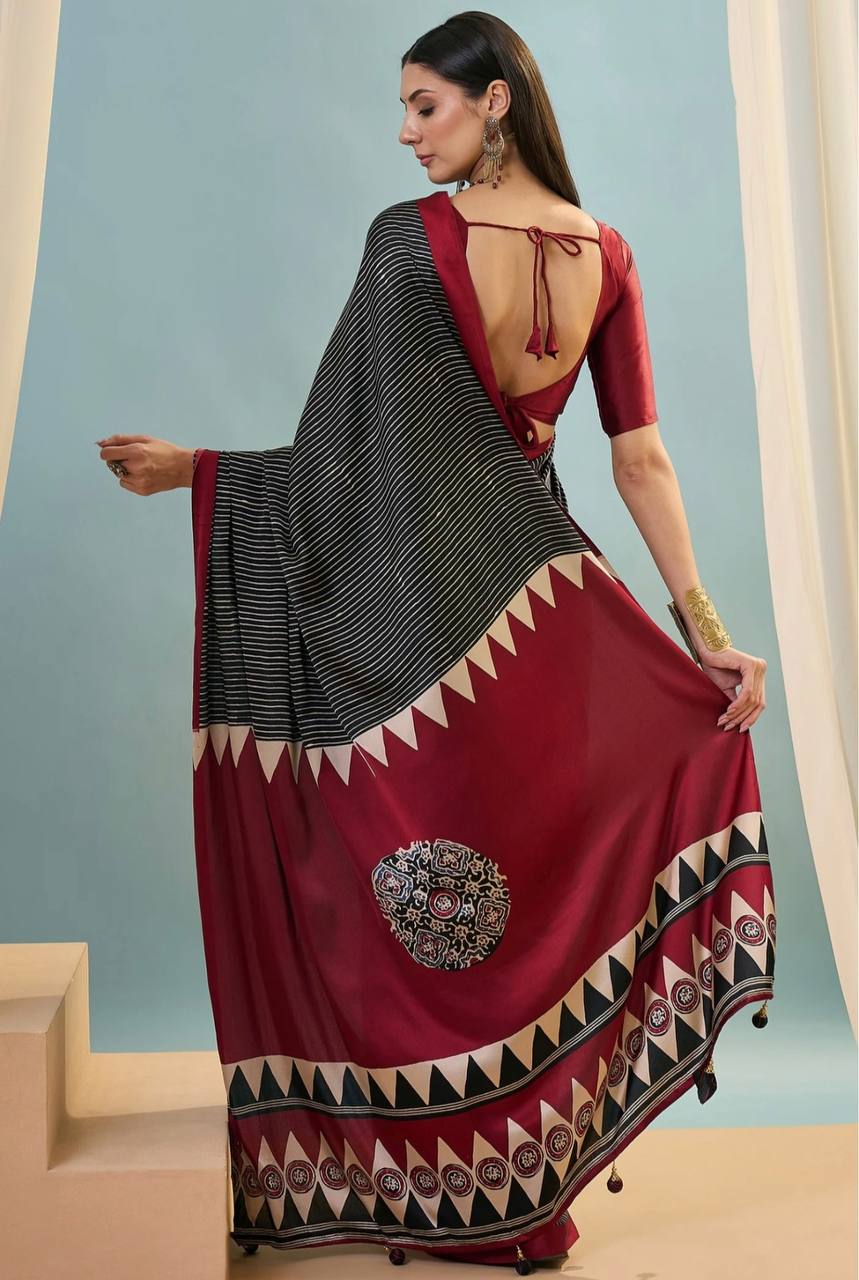 Maroon Black Printed Ajrakh Modal Silk Saree with Designer Border