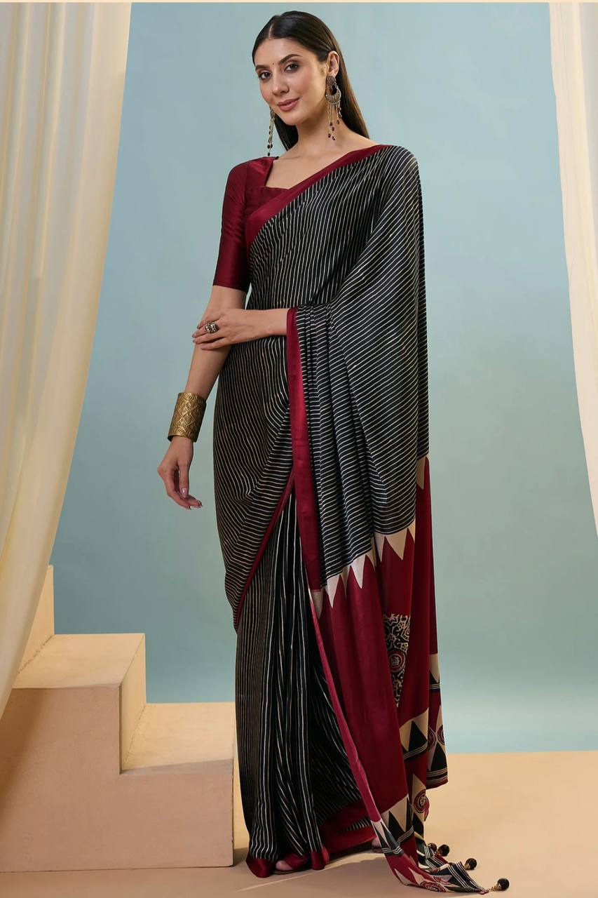 Maroon Black Printed Ajrakh Modal Silk Saree with Designer Border