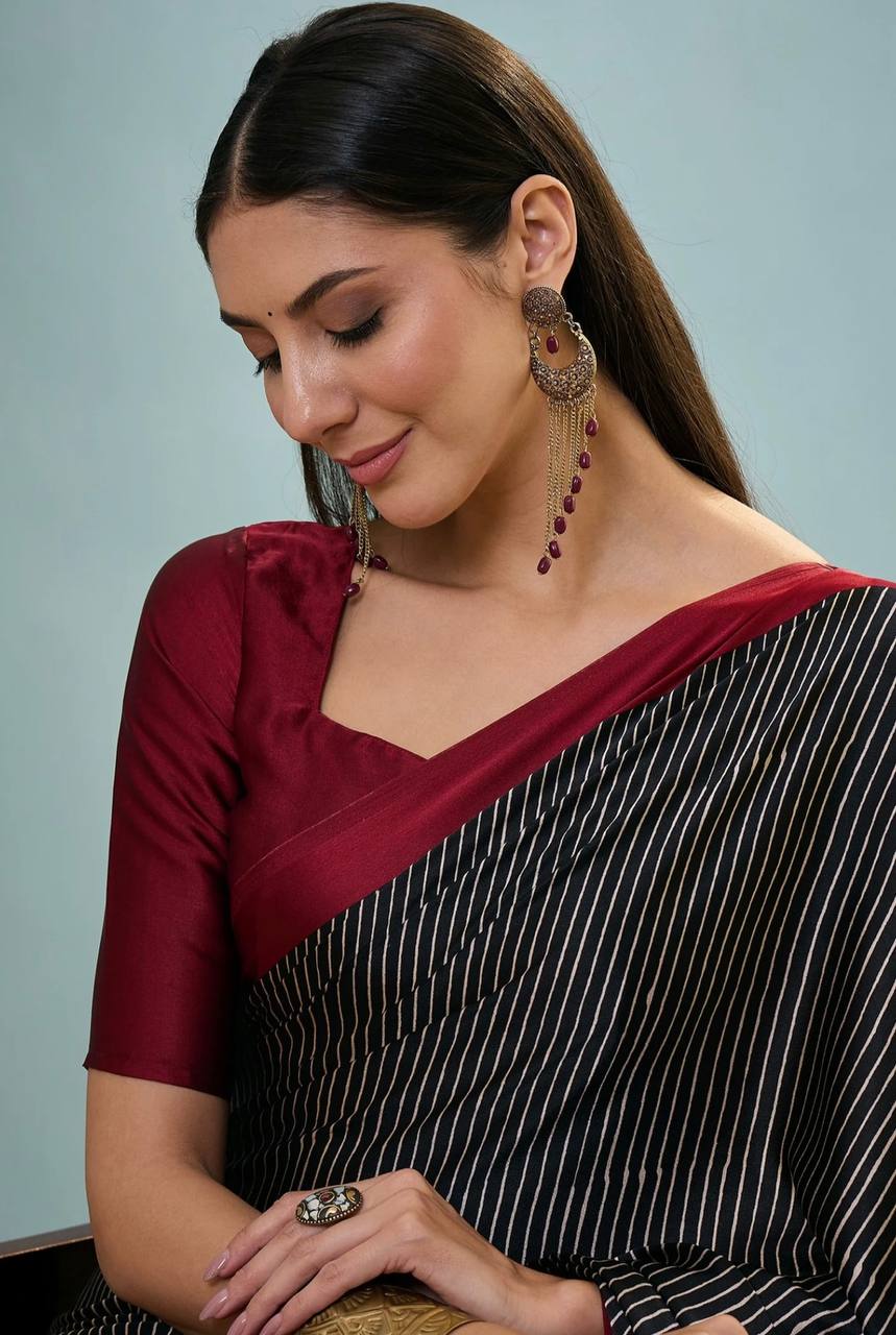 Maroon Black Printed Ajrakh Modal Silk Saree with Designer Border