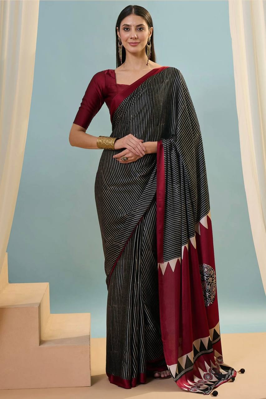 Maroon Black Printed Ajrakh Modal Silk Saree with Designer Border