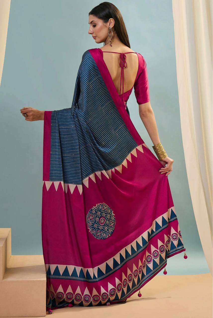 Navy Blue Magenta Striped Ajrakh Modal Silk Saree with Designer Border