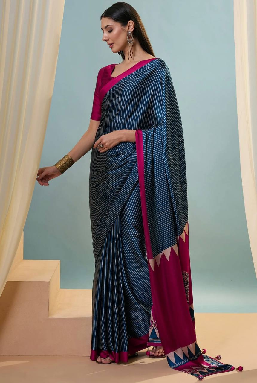 Navy Blue Magenta Striped Ajrakh Modal Silk Saree with Designer Border