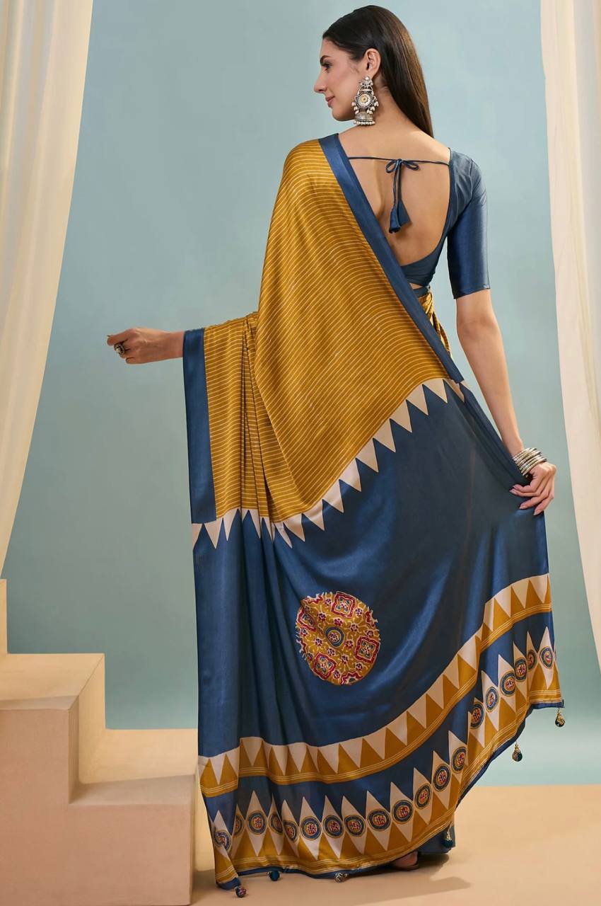 Mustard Yellow Navy Blue Striped Ajrakh Modal Silk Saree with Designer Pallu