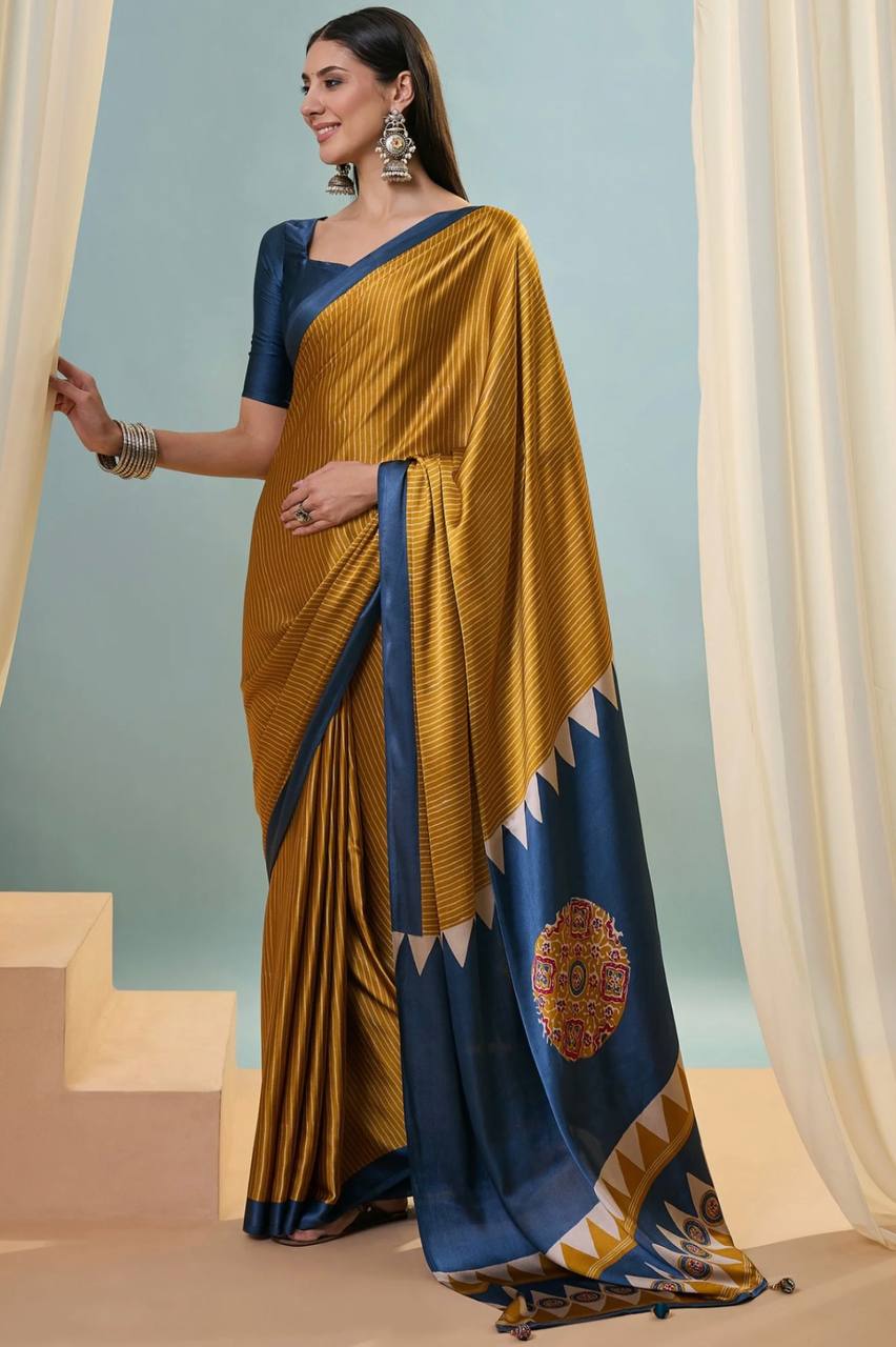 Mustard Yellow Navy Blue Striped Ajrakh Modal Silk Saree with Designer Pallu