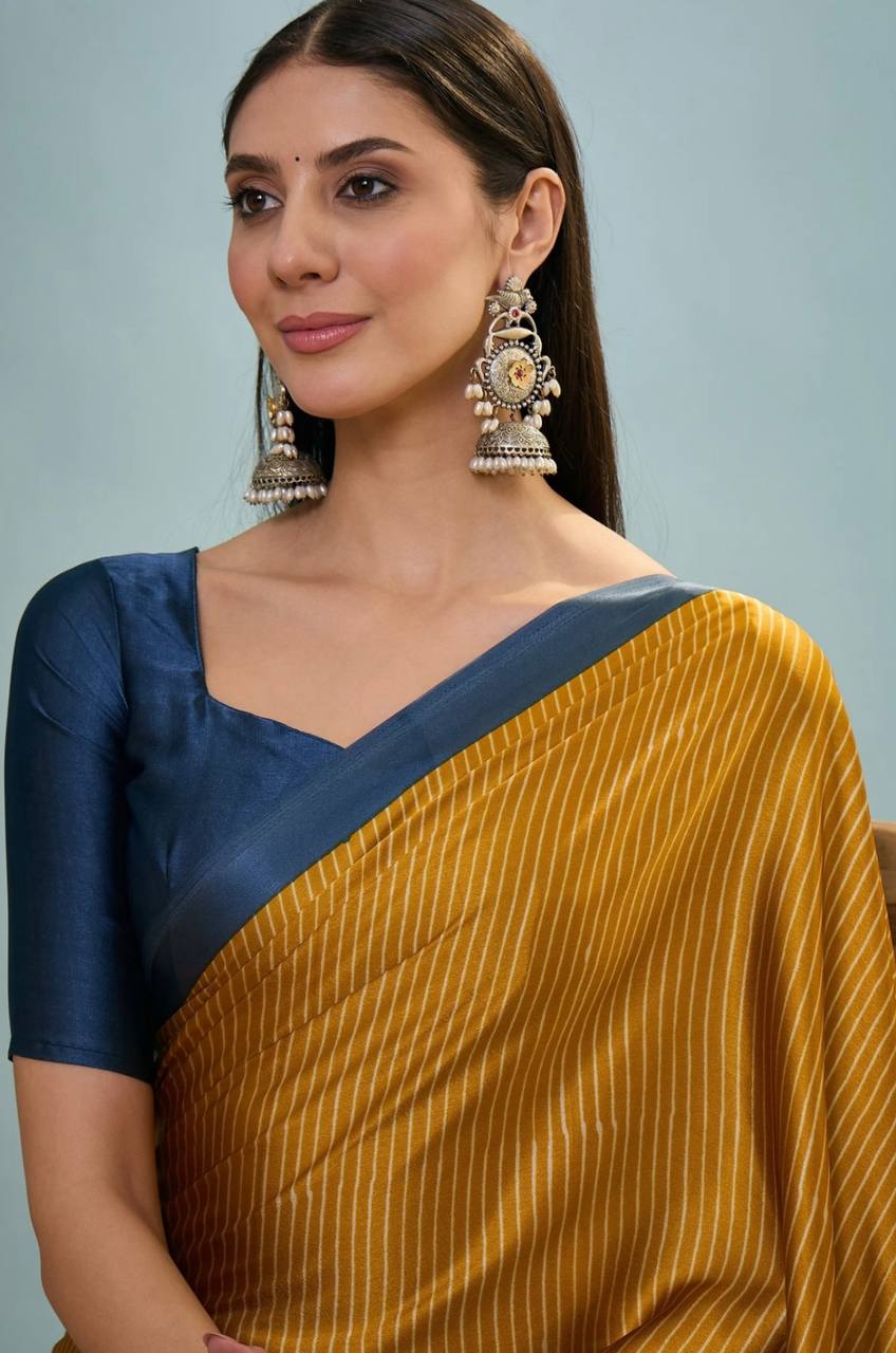 Mustard Yellow Navy Blue Striped Ajrakh Modal Silk Saree with Designer Pallu