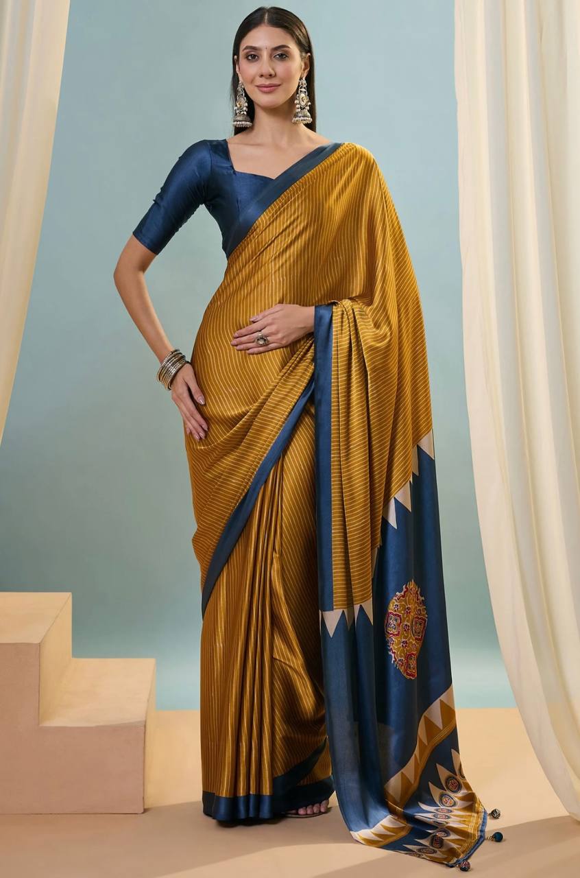 Mustard Yellow Navy Blue Striped Ajrakh Modal Silk Saree with Designer Pallu