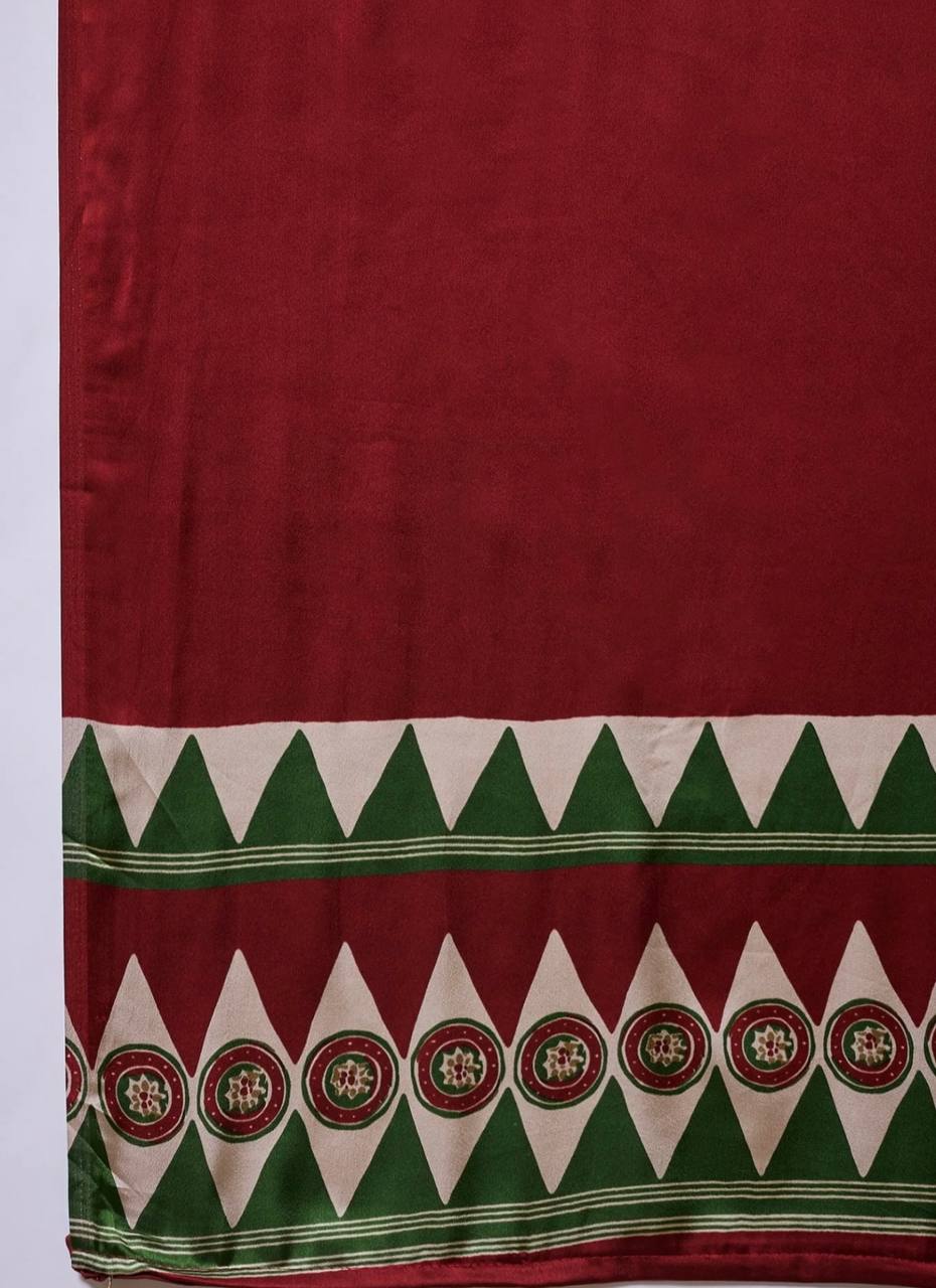 Olive Green Maroon Striped Ajrakh Modal Silk Saree with Designer Border
