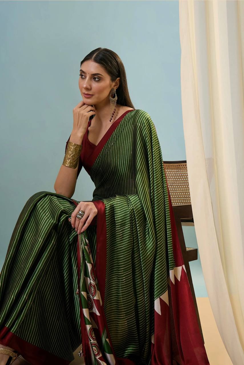 Olive Green Maroon Striped Ajrakh Modal Silk Saree with Designer Border