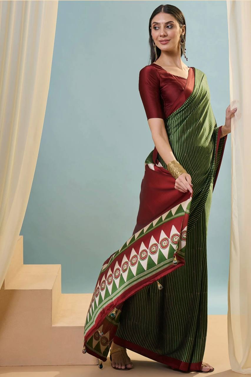 Olive Green Maroon Striped Ajrakh Modal Silk Saree with Designer Border