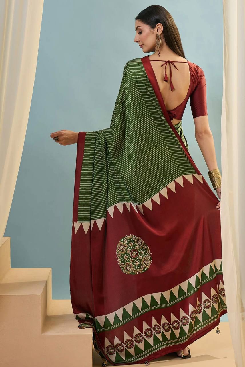 Olive Green Maroon Striped Ajrakh Modal Silk Saree with Designer Border