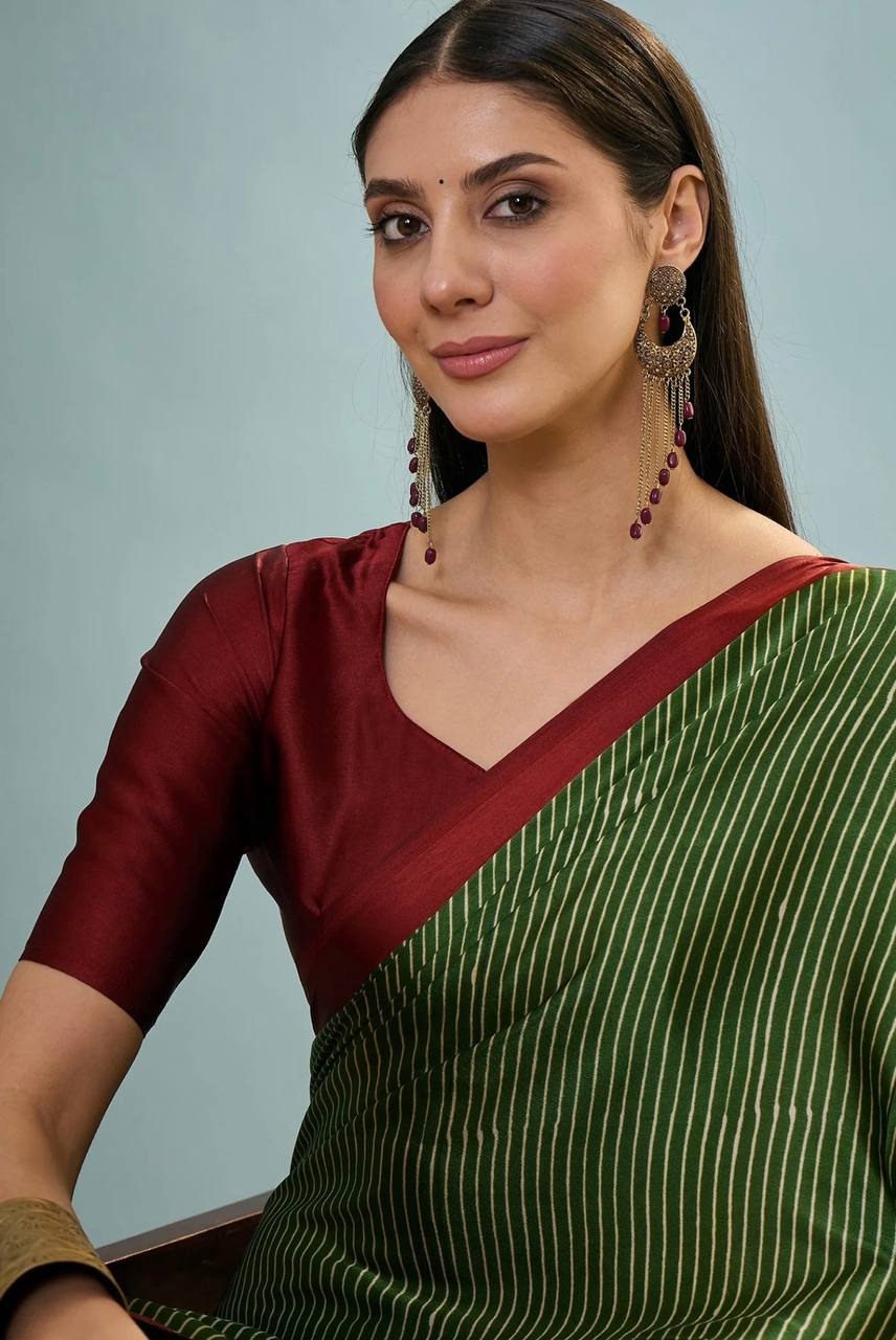 Olive Green Maroon Striped Ajrakh Modal Silk Saree with Designer Border